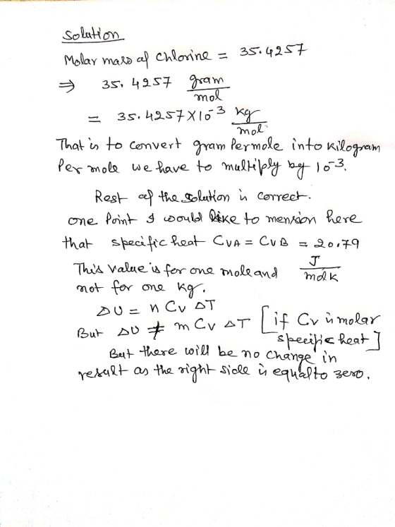 Soluton That in to cenvertram Permole into ilogam i e Cv molar e will he mo Chanze in