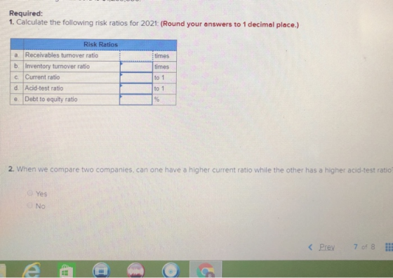 Required: 1. Calculate the following risk ratios for 2021: (Round your answers to 1 decimal place.) times Risk Ratios Receiva