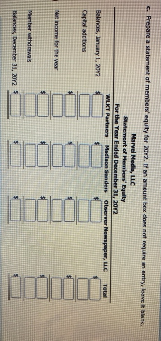 c. Prepare a statement of members equity for 20Y2. If an amount box does not require an entry, leave it blank. Marvel Media,
