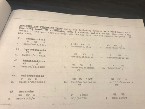 ANALYZED THE FOLLOWING TERMS using the following symbols WR - Combining form; P-Prefix, and S-Suffix, then circle the of the word that correctly divides the term into its respective parts. (2 pts each) 41. endometritis a. endo/metr/itis 42. hysteratresia a. hyster/atresia 43. hematosalpinx a. hemato/salpinx b. endo/metr/itis endo/metr/itis WR WR WR S WR S b. hyster/atres/ia . WR WR CV s b. hemat/o/salpinx c. hemat/salpinx CF 44. culdocentesis WR CV S (WR) culd/o/centesis b. culd/o/centesis CF a. culd/o/centesis CF 45. menarche WR WR P S (WR) b. men/arche WR CV S c. men/arche a. men/arch/e