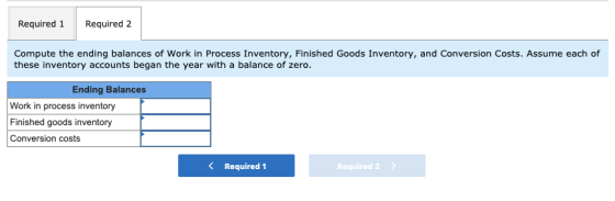 Required 1 Required 2 Compute the ending balances of Work in Process Inventory, Finished Goods Inventory, and Conversion Cost
