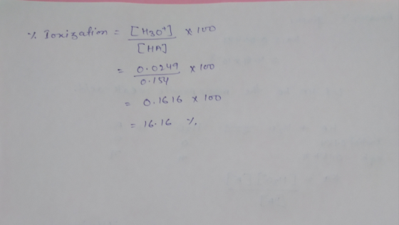 %. Ionization = [H3O+] x 100 [HA] = 0.0249 x 100 0.154 = 0.16 16 x 100 = 16.16 Y