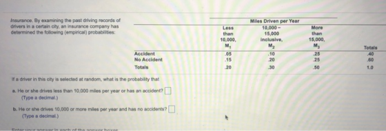 Insurance. By examining the past driving records of drivers in a certain city, an insurance company has determined the follow