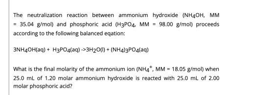 The neutralization reaction between ammonium hydroxide (NH4OH, MM = 35.04 g/mol) and phosphoric acid (H3PO4, MM = 98.00 g/mol