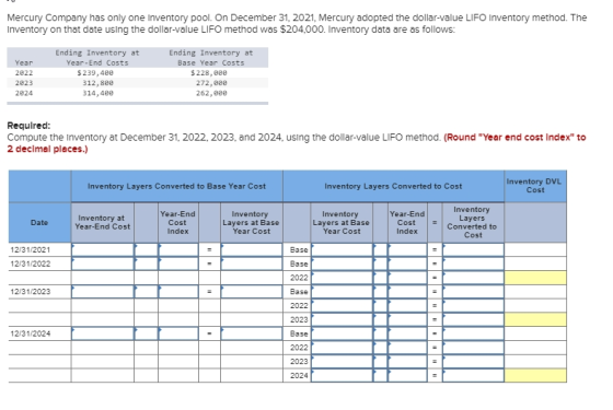 Mercury Company has only one Inventory pool. On December 31, 2021, Mercury adopted the dollar-value LIFO Inventory method. Th