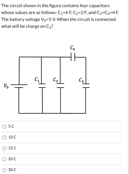 The circuit shown in the figure contains four capacitors whose values are as follows: C1=6 F, C2=2F, and C3=C4=4 F. The batte