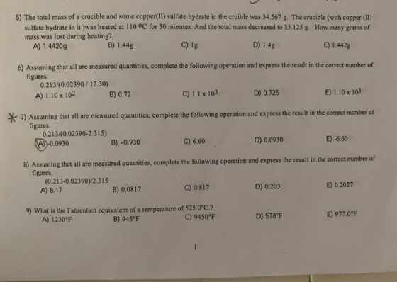5) The total mass of a crucible and some copper(II) sulfate hydrate in the cruible was 34.567 g. The crucible (with copper (I