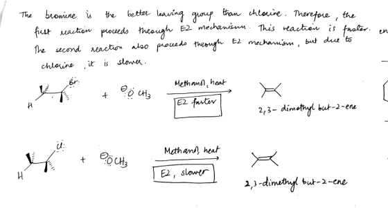 The bromine i the betor ai en E2 mechaum but due to chlouno it is own er Methanl heat 3 E2 2(3- dim but-2-enz cl Methan, heat E2, slower but-2-ene