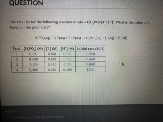 QUESTION The rate law for the following reaction is rate = k[H,PO4][I][H). What is the value of k based on the given data? H