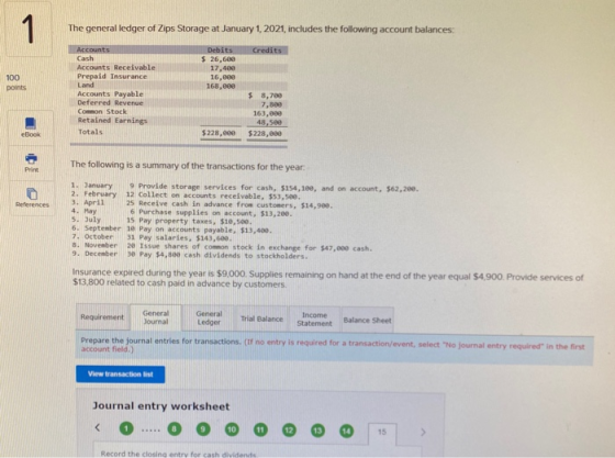 The general ledger of Zips Storage at January 1, 2021, includes the following account balances: Credits Debits $ 26,609 17,46