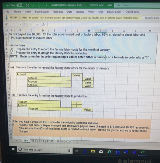 AutoSave On R ) Excel TemplateAssignment Cho2 (1) . Protected View Excel Search File Home Insert Page Layout Formulas Data Re