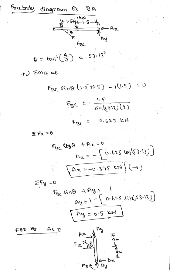 ВА Free body diagram or $1.slash Ax Ау Fize tan (1) 53:130 Oo te EmA =0 FBC sino (1.571.5) -1(1-5) =0 1.5 FBC I sin(83.13) (