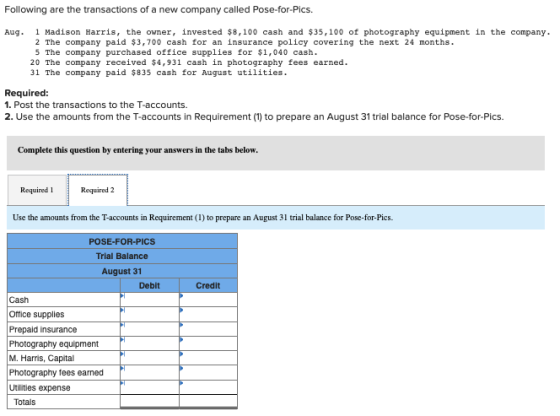 Following are the transactions of a new company called Pose-for-Pics. Aug. 1 Madison Harris, the owner, invested $8,100 cash