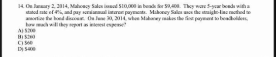 14. On January 2, 2014, Mahoney Sales issued $10,000 in bonds for $9.400. They were 5-year bonds with a stated rate of 4%, an