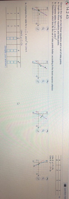 Given to the right are two linear equations and a set of data points a. Graph the linear equations and data points b. Complet