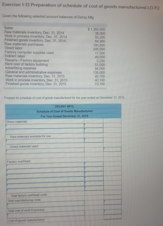 Exercise 1-13 Preparation of schedule of cost of goods manufactured LO P2 Given the following selected account balances of De