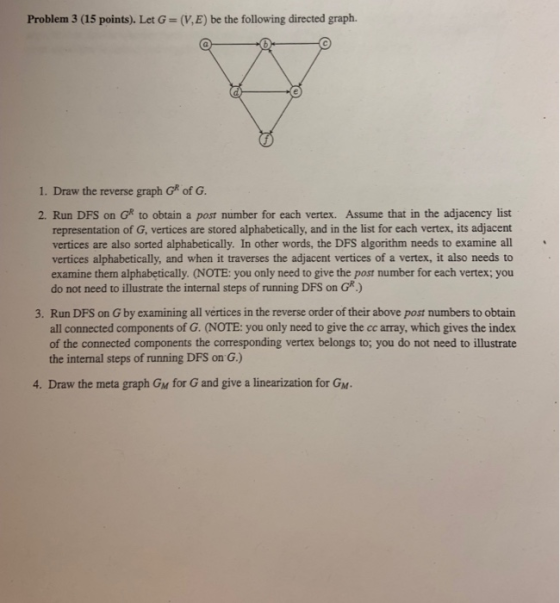 Problem 3 (15 points). Let G (V,E) be the following directed graph. a. 1. Draw the reverse graph G of G. 2. Run DFS on G to o