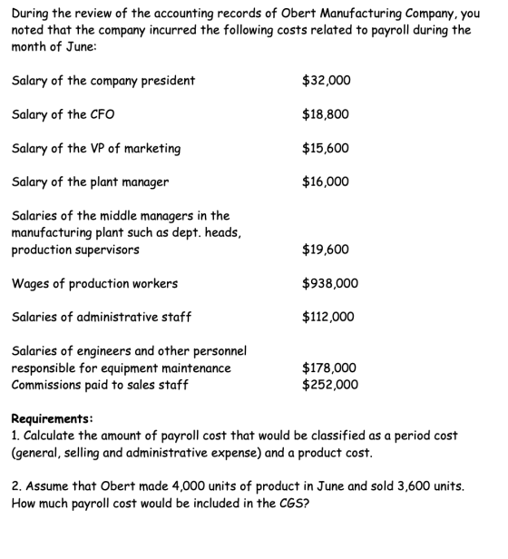 During the review of the accounting records of Obert Manufacturing Company, you noted that the company incurred the following