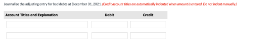 Journalize the adjusting entry for bad debts at December 31, 2021. (Credit account titles are automatically indented when amo