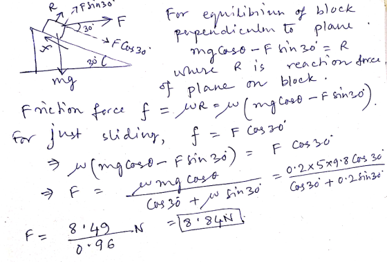 1126 Pepercubiun of bles FC o F. For equilibrium of block perpendiculn to plane 430 ng caso of sin 30 = R ng - where R is rea