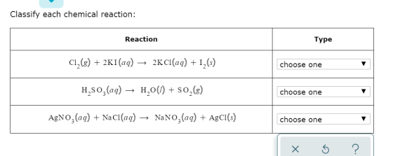 Classify each chemical reaction: Reaction Type Cl_(s) + 2K1(aq) → 2KCl(aq) + 1,(s) choose one H,soz(aq) → H20(1) + S02 (8) ch