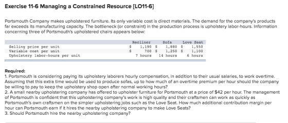 Exercise 11-6 Managing a Constrained Resource (LO11-6] Portsmouth Company makes upholstered furniture. Its only variable cost