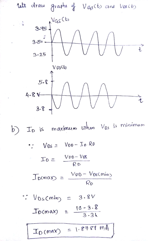 tets draw graphs of VGs(t) and Vos (t) Avascts 3.75 3.5V mm t 3.25 VOSC) 5.8 4.88 un 3.8 b) ID is maximum coher Vas is minimu