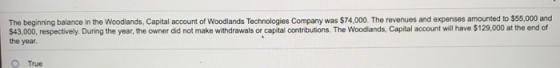 The beginning balance in the Woodlands, Capital account of Woodlands Technologies Company was $74,000. The revenues and expen