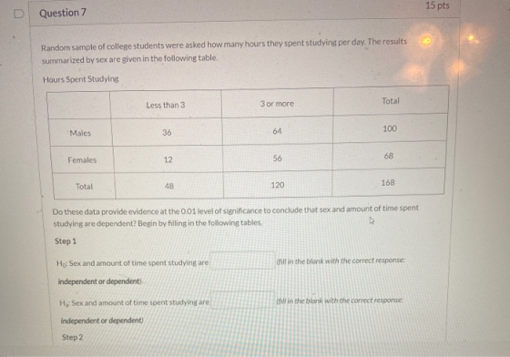 15 pts D Question 7 Random sample of college students were asked how many hours they spent studying per day. The results summ