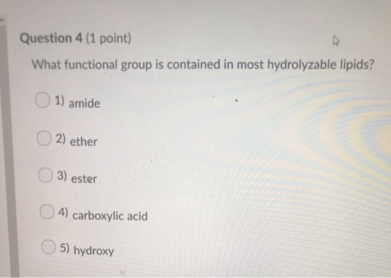 Question 4 (1 point) What functional group is contained in most hydrolyzable lipids? 1) amide O2) ether 3) ester O4) carboxyl