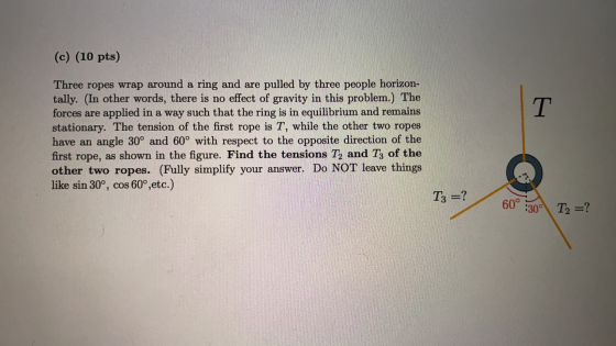(c) (10 pts) Three ropes wrap around a ring and are pulled by three people horizon- tally. (In other words, there is no effec