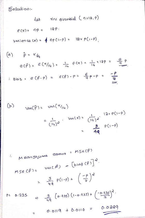 Solution: let Xro Bironinial (n=la, P) CCX) opa 12p varience (X) = $ np Ci-p) = 12x P(1-P) (a) ô = x/14 ulos P E Cx) = Elé):
