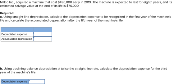 Millco Inc., acquired a machine that cost $496,000 early in 2019. The machine is expected to last for eighth years, and its e