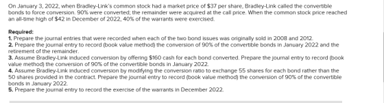 On January 3, 2022, when Bradley-Links common stock had a market price of $37 per share, Bradley-Link called the convertible