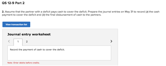 QS 12-9 Part 2 2. Assume that the partner with a deficit pays cash to cover the deficit. Prepare the journal entries on May 3