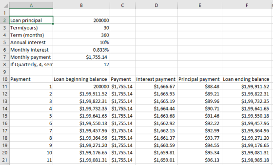 A D 2 Loan principal 200000 3 Term(years) 4 Term (months) 5 Annual intterest 6 Monthly interest 7 Monthly payment 8 If Quarte