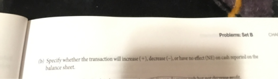 Problems: Set B CHA (b) Specify whether the transaction will increase (+), decrease (-), or have no effect (NE) on cash repor