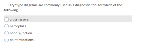 Karyotype diagrams are commonly used as a diagnostic tool for which of the following? crossing over hemophilia nondisjunction