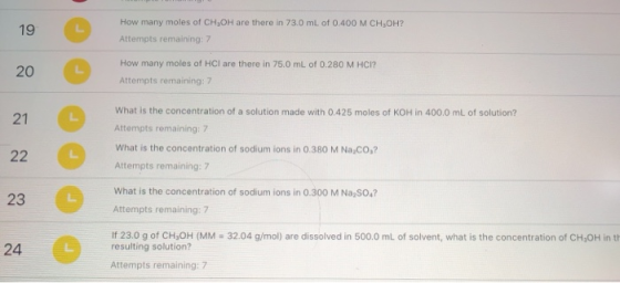 How many moles of CH,OH are there in 73.0 mL of 0.400 M CH,OH? Attempts remaining: 7 How many moles of HCl are there in 75.0