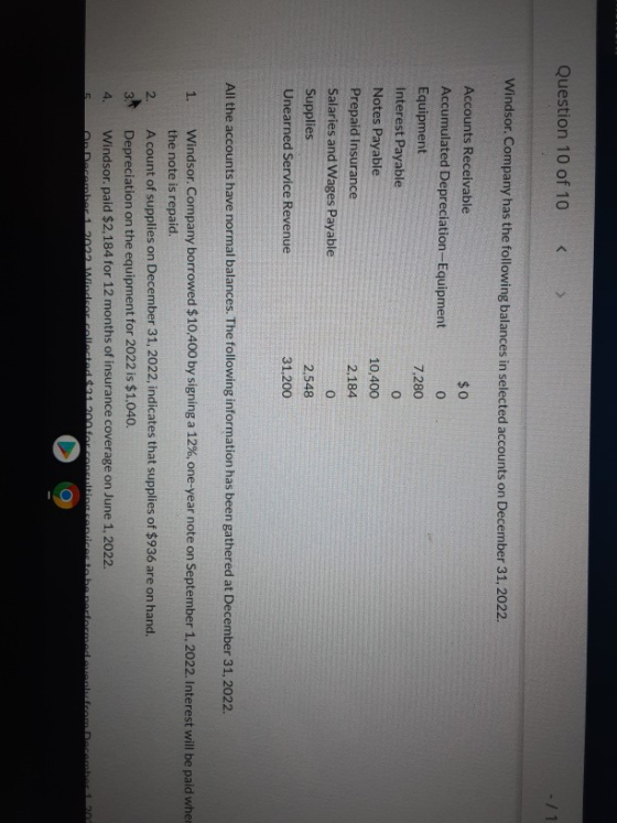 Question 10 of 10 < > -11 Windsor. Company has the following balances in selected accounts on December 31, 2022. $0 0 7,280 0