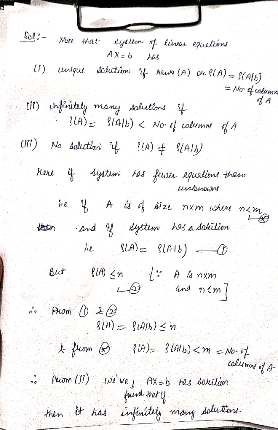 Sol - Note that system of lines. equatione Ax=b has 11) Kuique Solution of lines (A) OPOLA) = S(ALL) .. : = No of uslimin cir