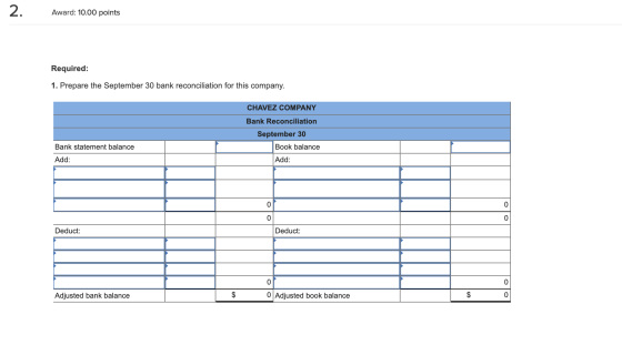 2. Award: 10.00 points Required: 1. Prepare the September 30 bank reconciliation for this company. CHAVEZ COMPANY Bank Reconc