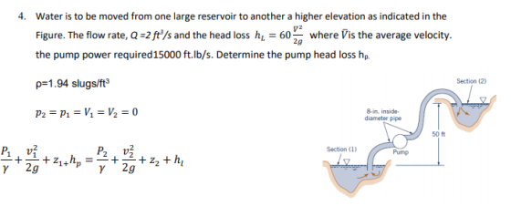 4. Water is to be moved from one large reservoir to another a higher elevation as indicated in the Figure. The flow rate, Q=2