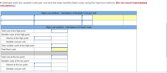 1. Estimate both the variable costs per unit and the total monthly fixed costs using the high-low method. (Do not round inter