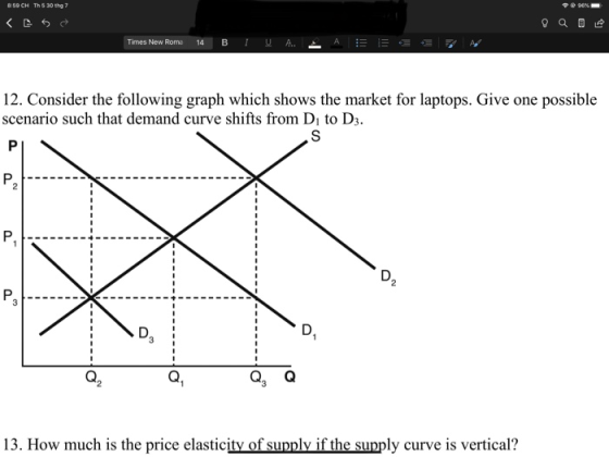 8:59 CH | 0 Th1 990 Times New Rome 14 BIų A. 12. Consider the following graph which shows the market for laptops. Give one po