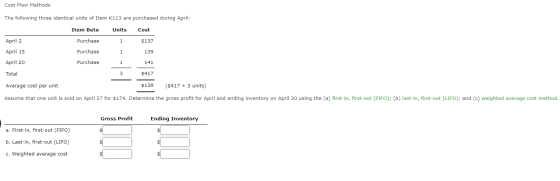 Cost Flow Methods The following three identical units of Item K113 are purchased during April: Units Cost April 2 Purchase 1