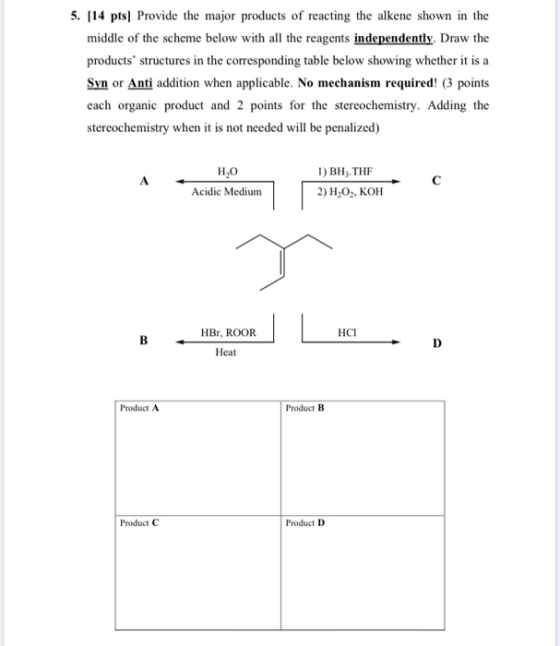 5. [14 pts) Provide the major products of reacting the alkene shown in the middle of the scheme below with all the reagents i