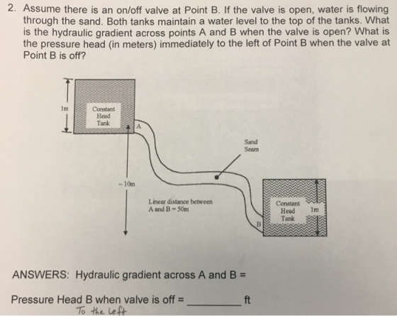2. Assume there is an on/off valve at Point B. If the valve is open, water is flowing through the sand. Both tanks maintain a