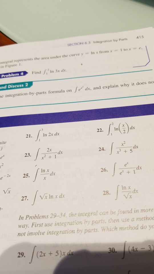 415 SECTION 6,3 Integration by Parts e . 1 to In from integral represents the area under the curvey in Figure Problem 4 Find