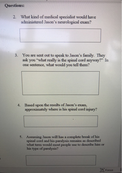 Questions: 2. What kind of medical specialist would have administered Jasons neurological exam? 3. You are sent out to speak
